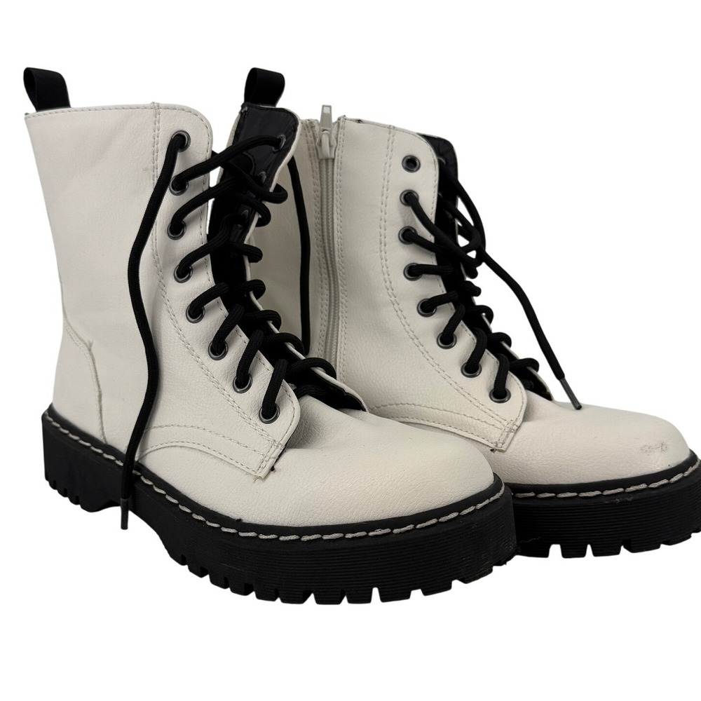 Sincerely Jules Harley Off White Combat Boots Black Lace Up‎ Lug Sole Womens 8M